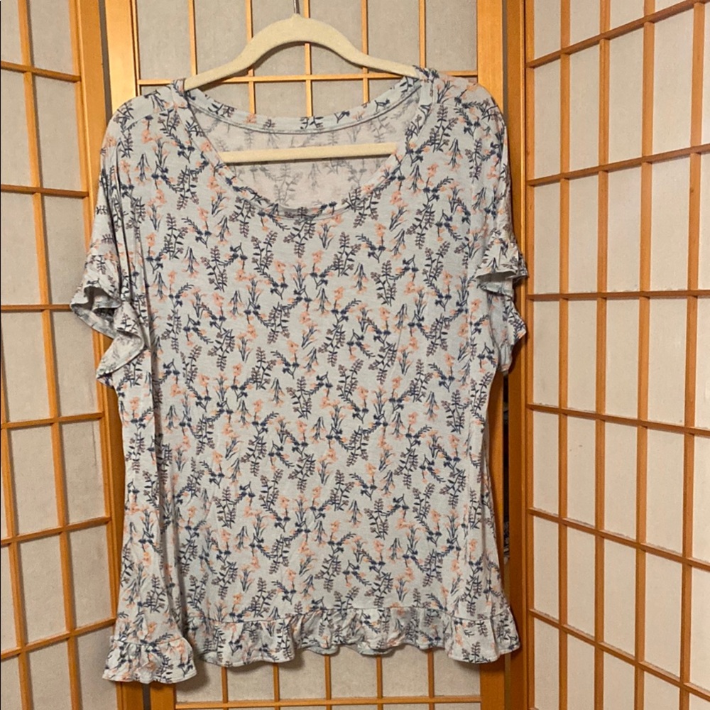 LOFT OUTLET Floral Ruffle Sleeve Top Blue and Orange Size L